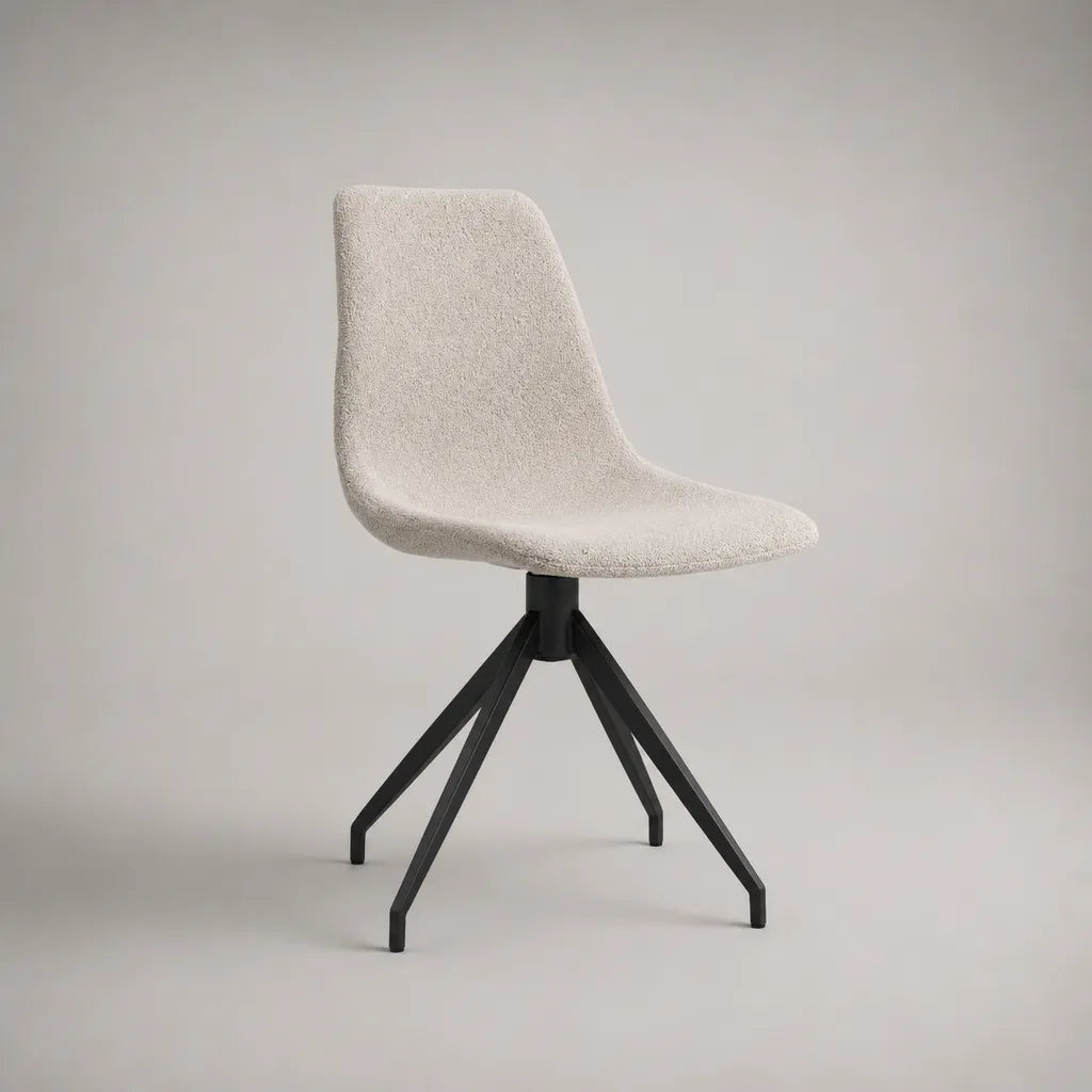 Sedia da pranzo imbottita in tessuto avorio bouclé con gambe in acciaio nero, 54 × 59 × 82 cm