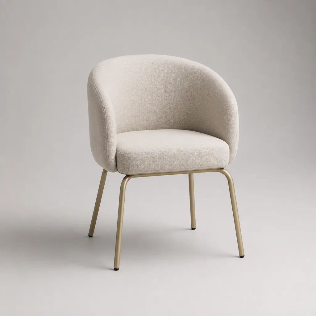 Sedia da pranzo imbottita in poliestere e acciaio con schienale semicircolare, beige e ottone, 59 × 58 × 78 cm