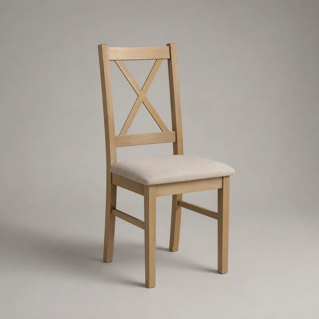 Sedia da pranzo in legno con seduta imbottita e schienale in croce, luce naturale e beige, 45 × 52 × 95 cm