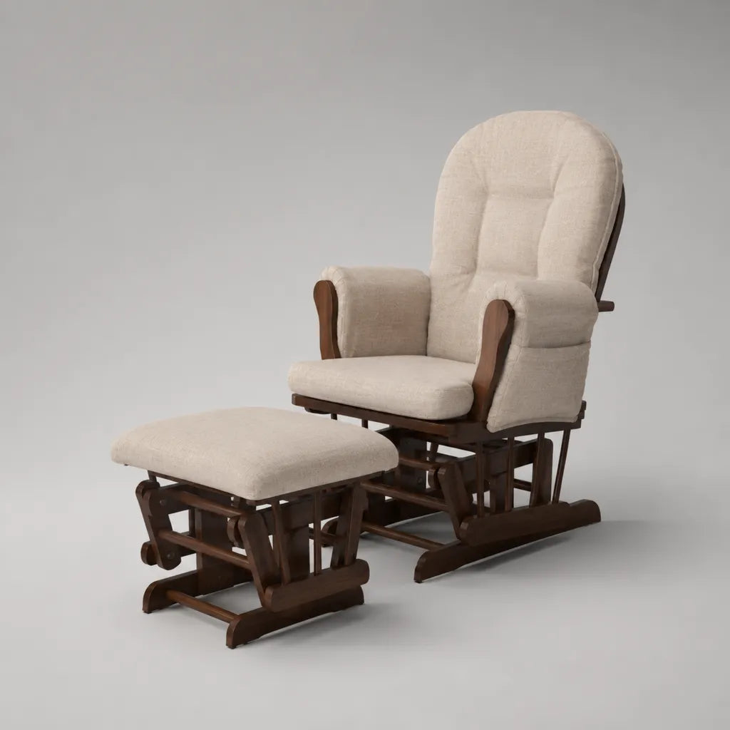 Sedia altalena in legno e tessuto beige con poggiapiedi, poltrona 69 × 76 × 104 cm