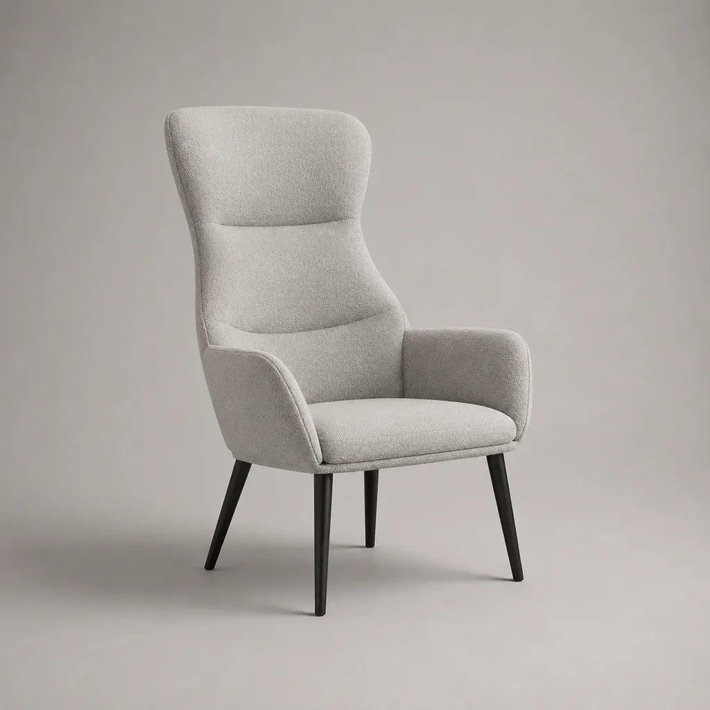 Sedia posteriore alta in tessuto grigio chiaro ricci con piedi in legno nero, 75 × 82 × 110 cm