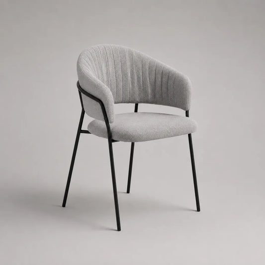 Sedia imbottita in tessuto e metallo con braccioli e schienale curvato, grigio chiaro e nero, 58 × 58 × 80 cm