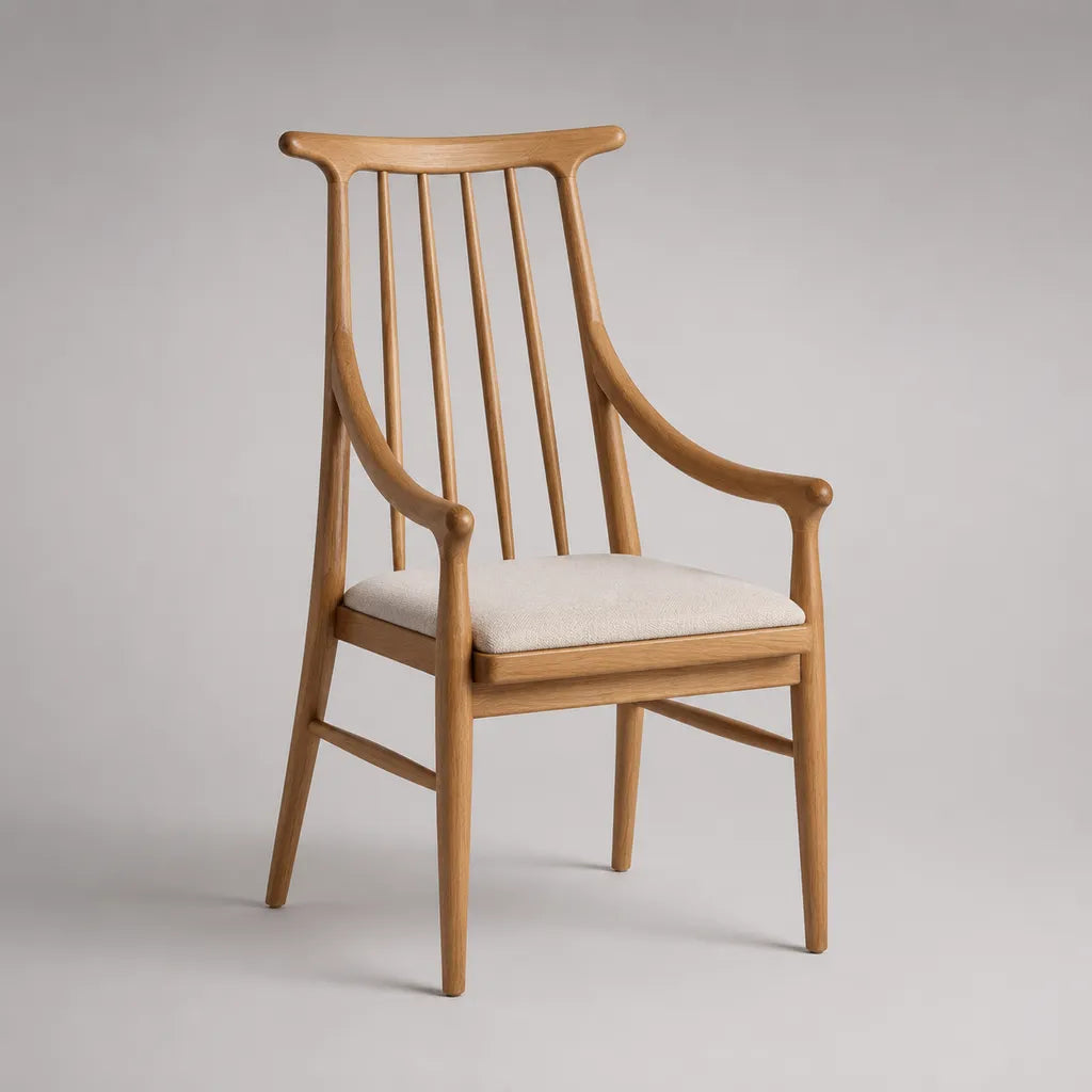 Sedia da pranzo con braccioli in rovere massello, seduta imbottita in beige leggero, 58 × 59 × 99 cm