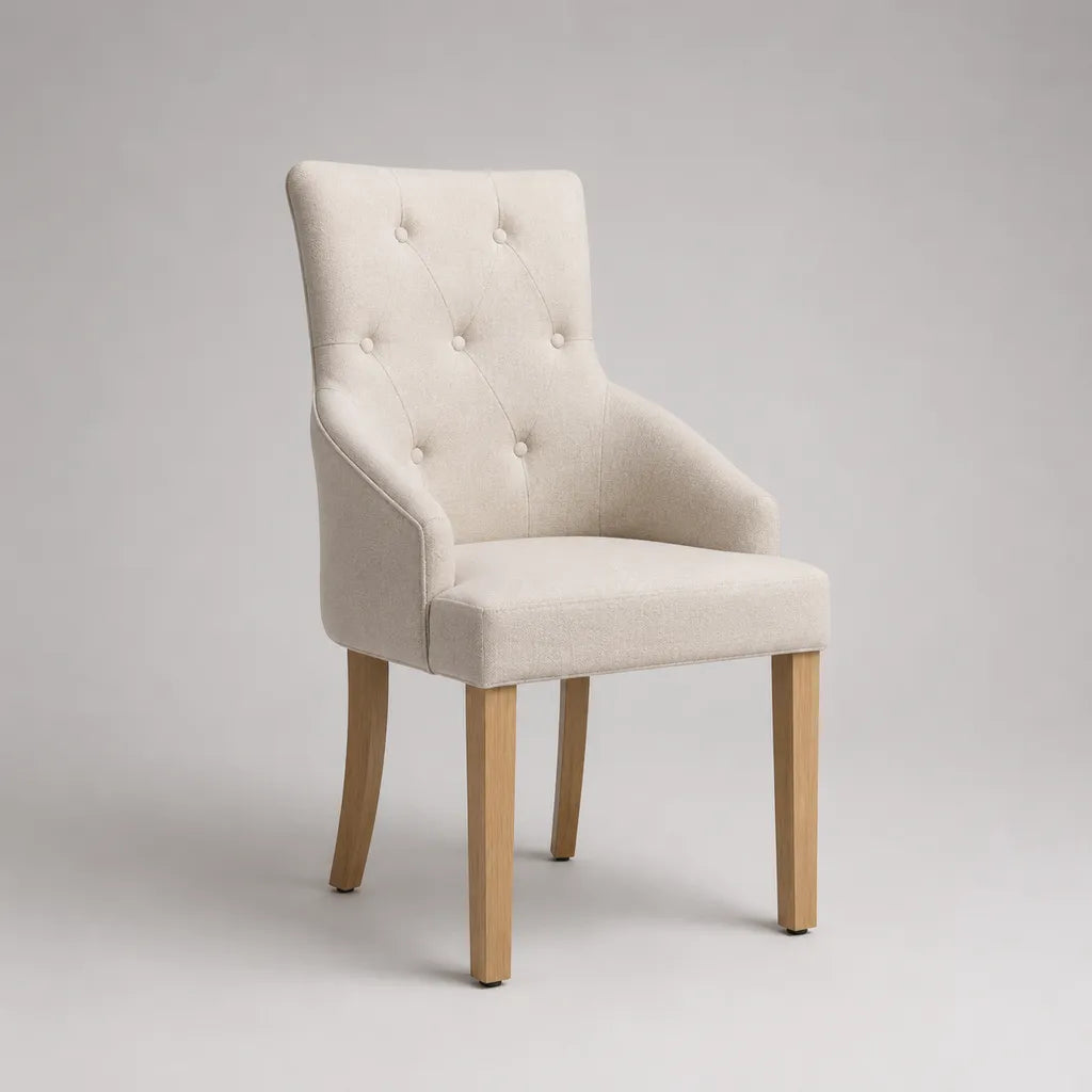 Sedia da pranzo con braccioli in poliestere beige e legno massello naturale, 60 × 65 × 100 cm
