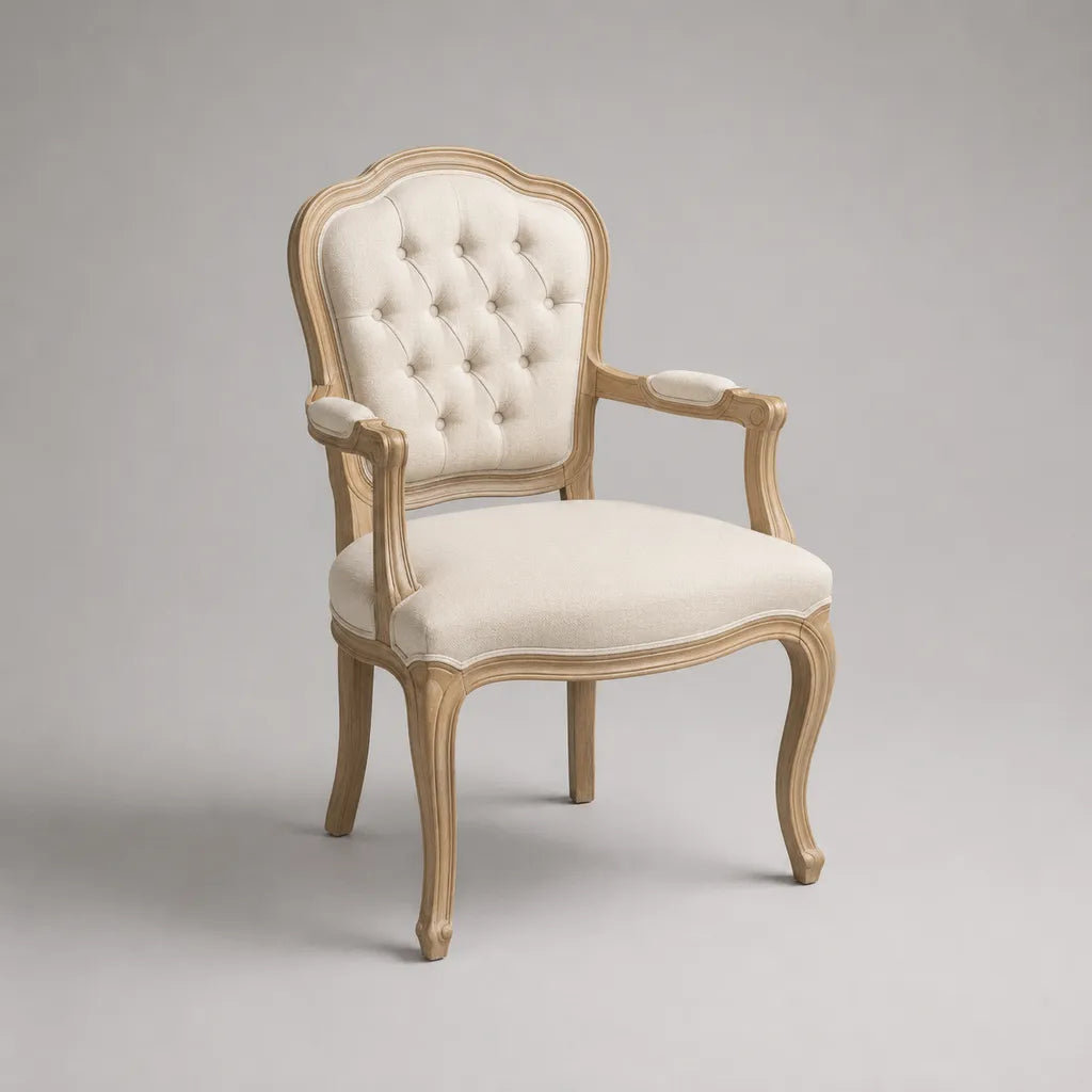 Sedia da pranzo con braccioli in legno massiccio e tessuto beige, 62 × 65 × 101 cm
