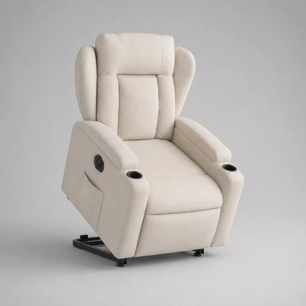Sedia reclinabile elettrica beige in microfibra di poliestere con schienale alto e poggiapiedi, 88 × 95 × 108 cm