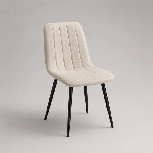 Sedia da pranzo imbottita in tessuto con gambe in metallo, beige e nero, 48 × 57 × 84 cm