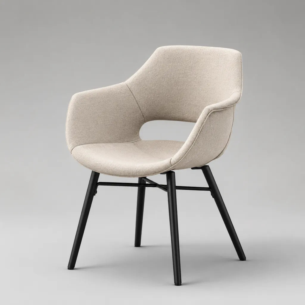 Sedia da pranzo imbottita con braccioli in poliestere beige e acciaio nero, 58 × 59 × 81 cm