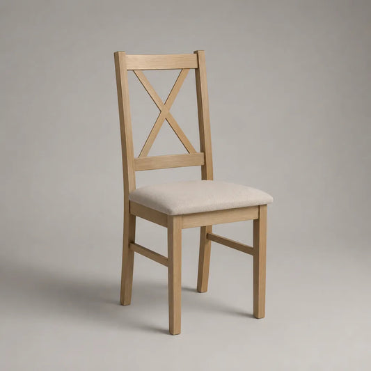 Sedia da pranzo in legno con seduta imbottita e schienale in croce, luce naturale e beige, 45 × 52 × 95 cm