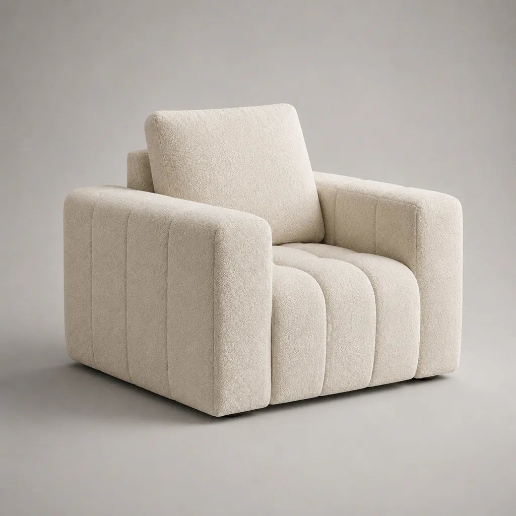 Poltrona 1 seduta imbottita in tessuto crema in poliestere ricci, forma cubica, 100 × 95 × 90 cm