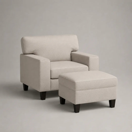 Sedia e poggiapiedi in tessuto beige chiaro, poltrona 86 × 82 × 84 cm, poggiapiedi 62 × 50 × 42 cm