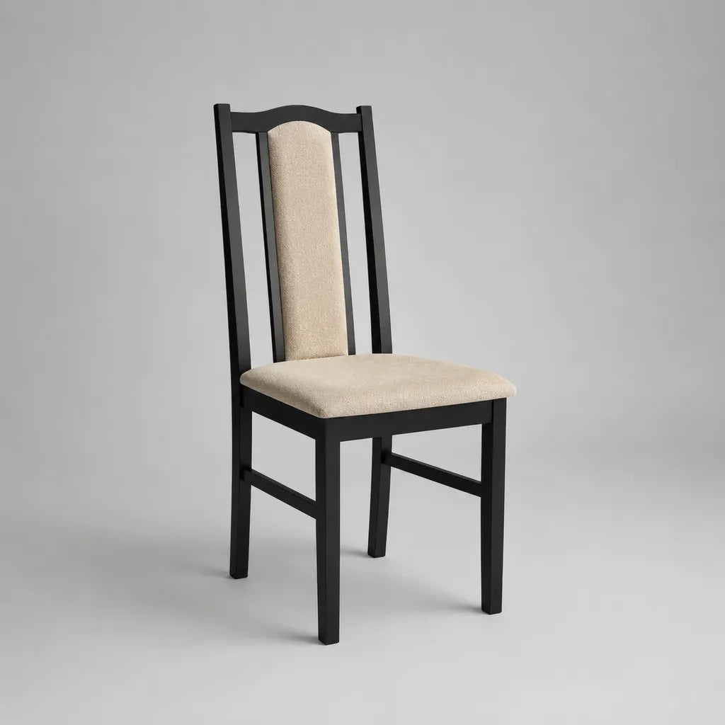 Sedia da pranzo imbottita in legno e tessuto beige con struttura nera, 45 × 52 × 102 cm