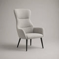 Sedia posteriore alta in tessuto grigio chiaro ricci con piedi in legno nero, 75 × 82 × 110 cm