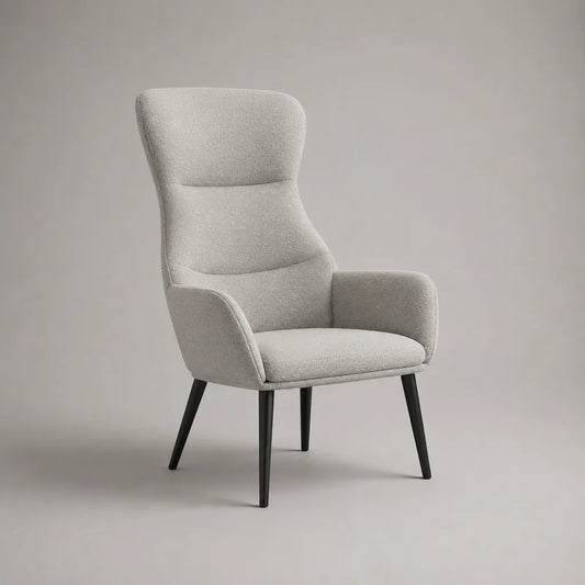 Sedia posteriore alta in tessuto grigio chiaro ricci con piedi in legno nero, 75 × 82 × 110 cm