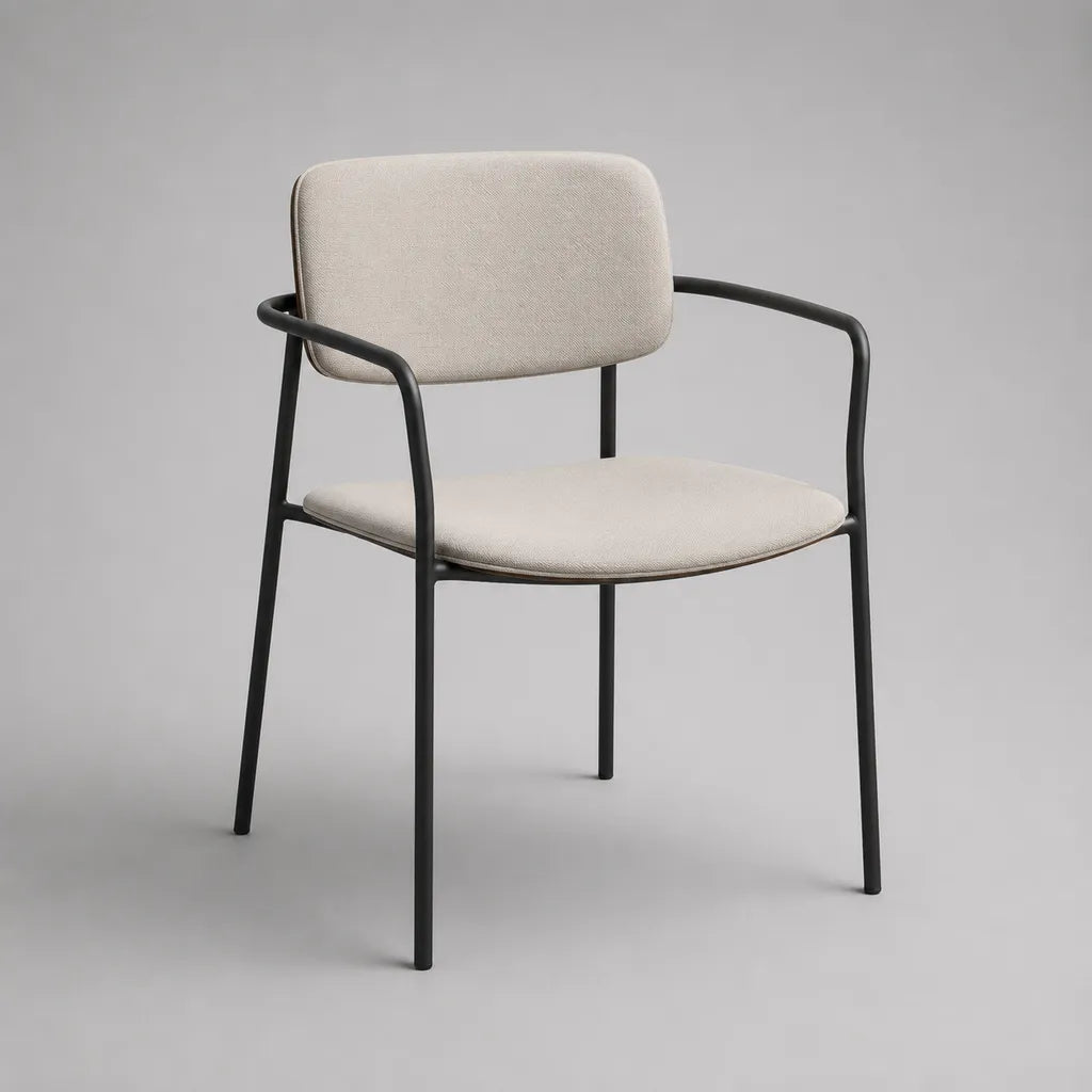 Sedia da pranzo con braccioli in metallo nero e tessuto beige, 58 × 57 × 80 cm